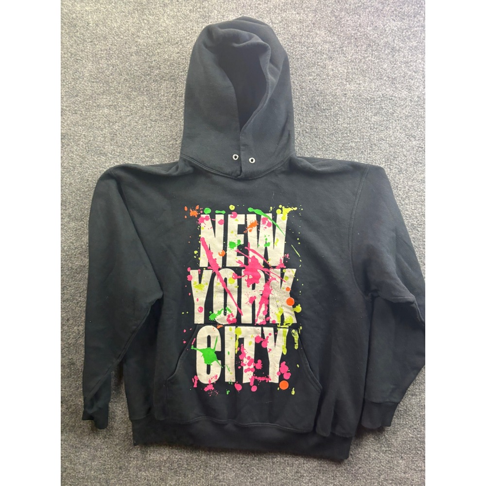 Jerzees Hoodie Mens Large Black New York City Neon Paint Splatter Pullover